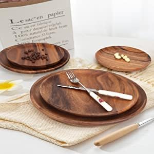 IQCWOOD Wooden Dinner Plates, 6 Inch Round Wood Plates Set of 4, Acacia Wooden Plates Round Tray Easy Cleaning Serving Platter for Food Dessert Salad Plate Fruit Platters