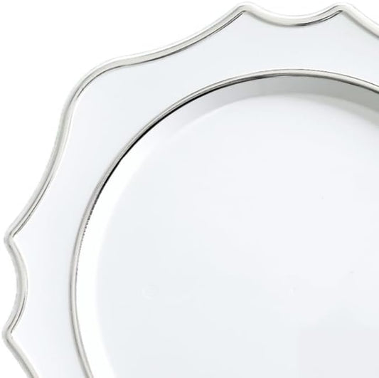 OCCASIONS 40 Piece Disposable Plastic Charger Plates 13.25'' Heavyweight BPA-Free, Bulk Party Plate Chargers for Weddings & Events, White & Silver Scalloped Imperial Collection