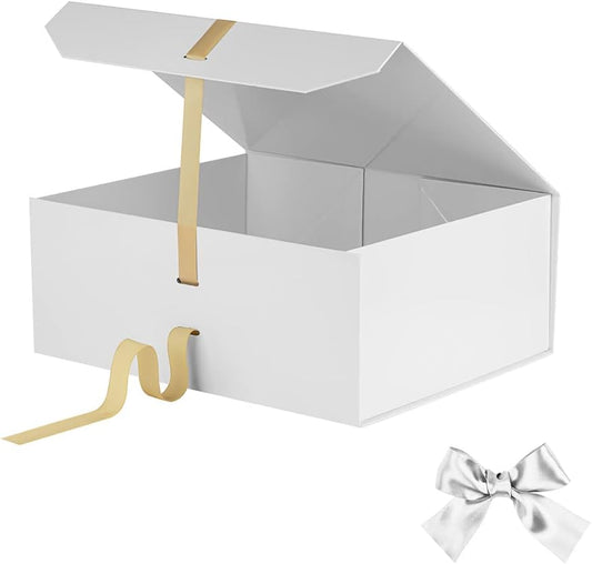 White Large Gift Box 13x11x5.3 Inches With Ribbon, Lid Magnetic Closure, Christmas, Rectangle Collapsible for Men Shoes (Glossy White)