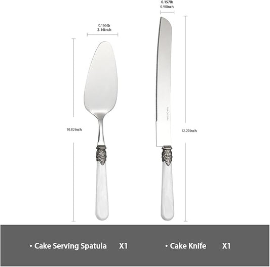 XIAOCORI 2-piece Cake Knife and Serve Set, Fancy Hand Craft Italian Design, Vintage Pie Knife Server Set with Handle, Cake Cutter Set (White)