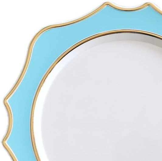 " OCCASIONS " 20 Pieces 13.25'' Scalloped Disposable/Reusable Plastic Charger Plates for Wedding, (Scalloped Imperial Aqua & Gold)
