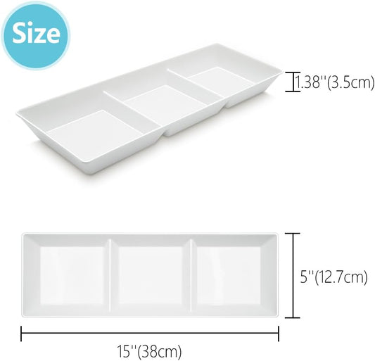 Divided Serving Tray Platter, 2 Pack 15" x 5" Fruit Veggie Food Tray for Party, Plastic Serving Trays for Appetizer, Snack, Dessert, Cookie, Brunch Decorations Platters, White Trays BPA-Free