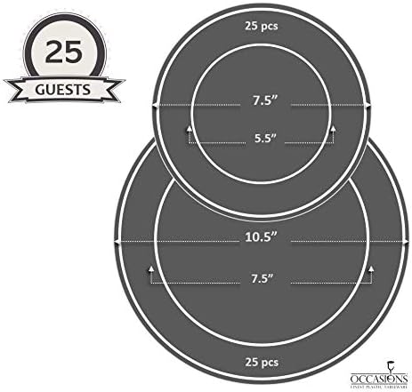 " OCCASIONS " 50 Plates Pack (25 Guests)-Heavyweight Wedding Party Disposable Plastic Plate Set -25 x 10.5'' Dinner + 25 x 7.5'' Salad/dessert plates (Ritz Black and Gold)