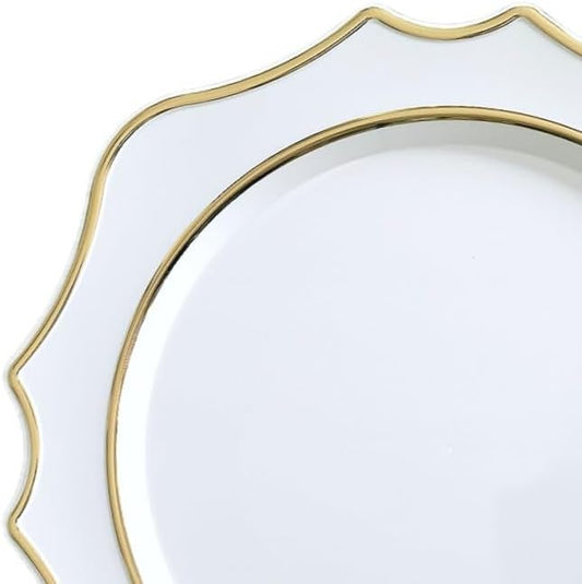 OCCASIONS 40 Piece Heavy Duty Disposable Plastic Charger Plates 13.25" for Party, Wedding, Elegant Dinner, BPA-Free, Premium Tableware – Scalloped Imperial White & Gold