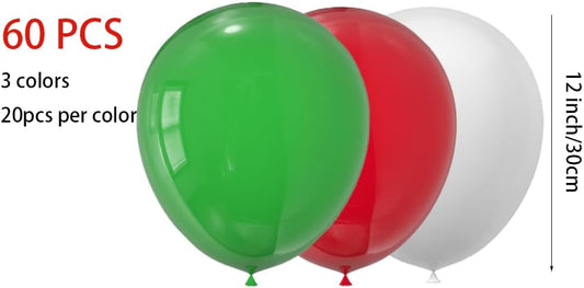 60 Pcs 12-Inch Latex Balloons in Red, Green, and White - Perfect for Christmas, New Year,Graduation, Birthday, Baby Shower, and Party Decorations