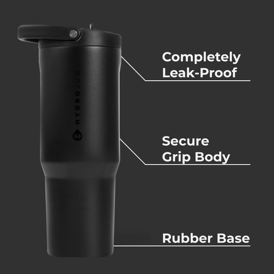 HydroJug Sport - Stainless Steel Tumbler with Straw, Vacuum Insulated, 40oz Leakproof Water Bottle, Ergonomic Design, Reusable, Dishwasher Safe, Rubber Base, Durable for Gym or Outdoors, Black