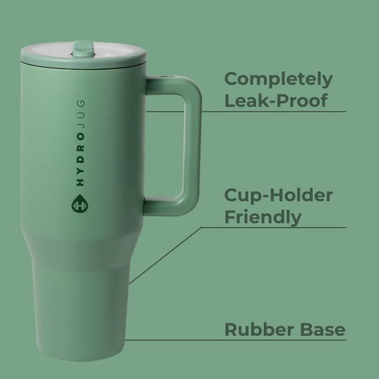 HydroJug Traveler - 40 oz Water Bottle with Handle & Flip Straw - Fits in Cup Holder, Leak Resistant Tumbler-Reusable Insulated Stainless Steel & Rubber Base - Gifts for Women & Men, Sage