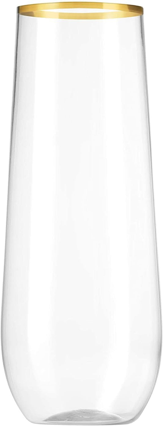 Munfix 12 Pack Stemless Plastic Champagne Flutes, Disposable 9 Oz Gold Rim Clear Plastic Toasting Glasses Shatterproof Recyclable and BPA-Free