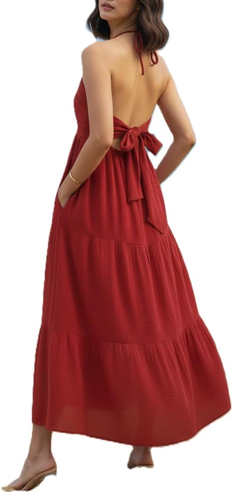 Women's Casual Halter Tiered Vacation Maxi Dress with Pockets