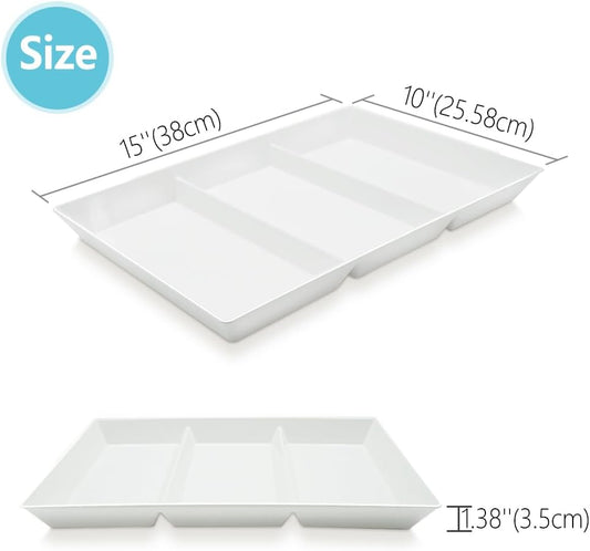 Divided Serving Tray Platter, 6 Pack 15" x 10" Fruit Veggie Food Tray for Party, Plastic Serving Trays for Appetizer, Snack, Dessert, Cookie, Brunch Decorations Platters, White Trays BPA-Free
