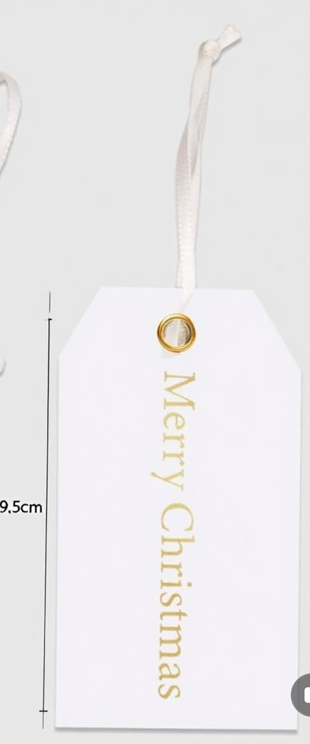 36pcs White Christmas Gifts Tags with Pre-cut Satin Strings, 3.7" X2.2" Rectangular Merry Christmas Tags Bulk, Gold Foil Letterpress Xmas Presents Name Label for Your Holiday Gift Wrapping Accessories