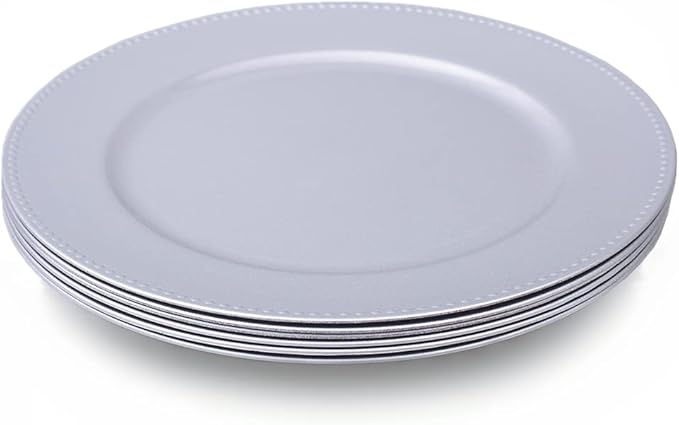 MAONAME Silver Charger Plates Set of 6, Round Dinner Chargers with Beaded, 13 Inch Plastic Plate Chargers for Wedding, Table Decor