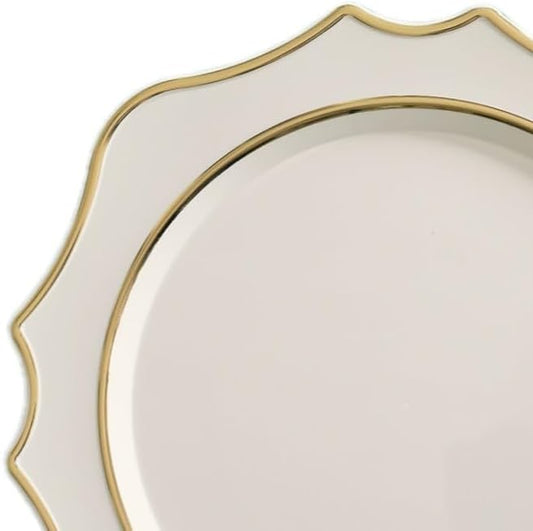 " OCCASIONS " 10 Pieces 13.25'' Scalloped Disposable/Reusable Plastic Charger Plates for Wedding, (Scalloped Imperial Ivory & Gold)