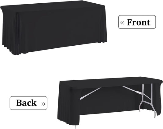 HAORUI Open Back Table Skirts, 4Pack Rectangle Wrinkle Resistant Table Clothes, Ruffles Elastic Table Cover for Banquets, Weddings, Parties (6ft Black)