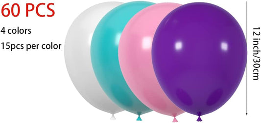 60 Count 12-Inch Dark Violet Purple Teal Pink White Latex Balloons - Wedding Birthday Baby Shower Decorations, Party Supplies