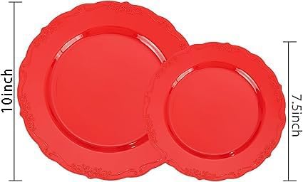 U-QE 100PCS Red Plastic Plates - Heavy Duty Plastic Disposable Party Supplies Include 50PCS 10" Dinner Plates and 50PCS 7.5" Dessert/Salad Plates for Party, Wedding