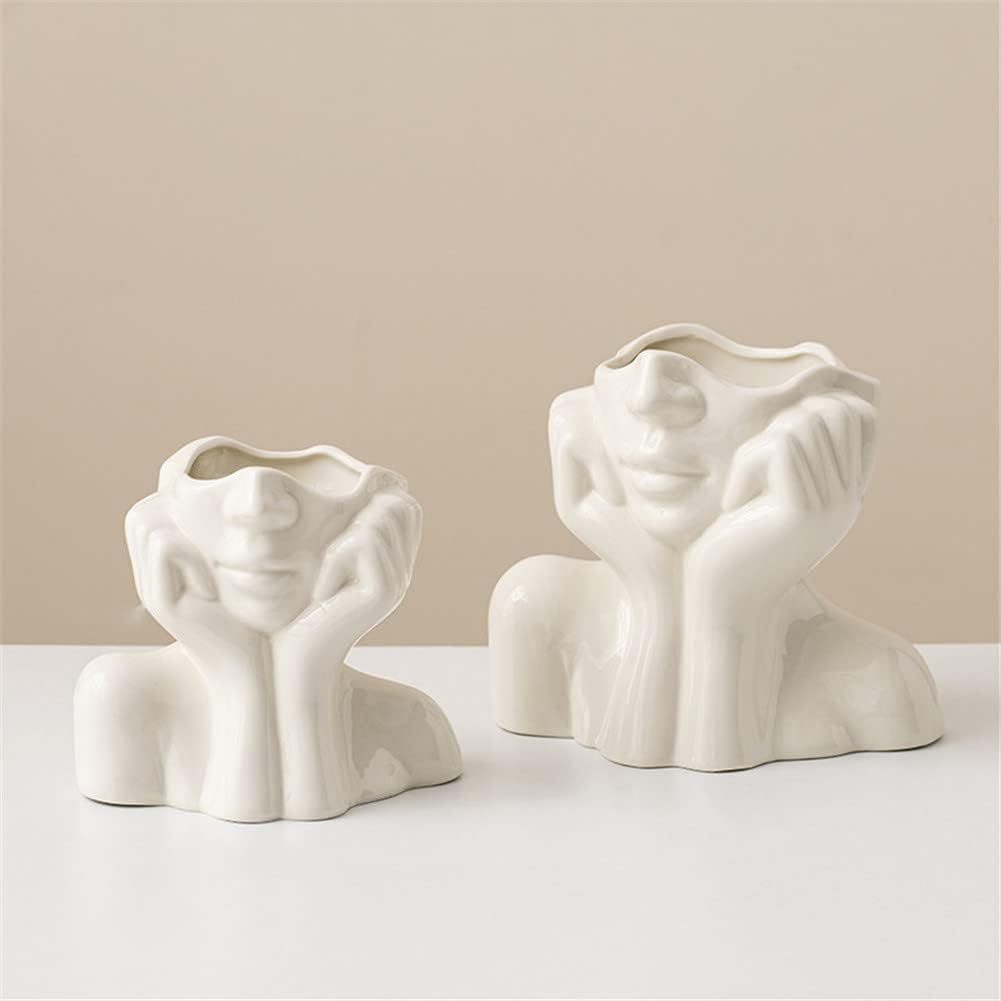 White Ceramic Face Vase, Female Form Head Half Body Bust Vases Boho Feminist Minimalism Decorative Modern Nordic Style Flower Vase for Home Living Room Office Book Shelf Decor (Large)