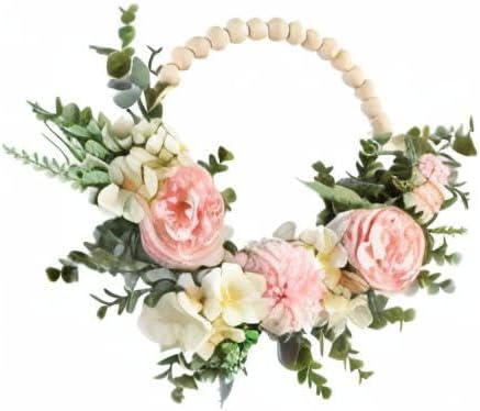 Spring Decorative Multipurpose Garland, Wood Bead Floral Wreath Artificial Flower with Eucalyptus Leaves Hanging Hoop for Wedding