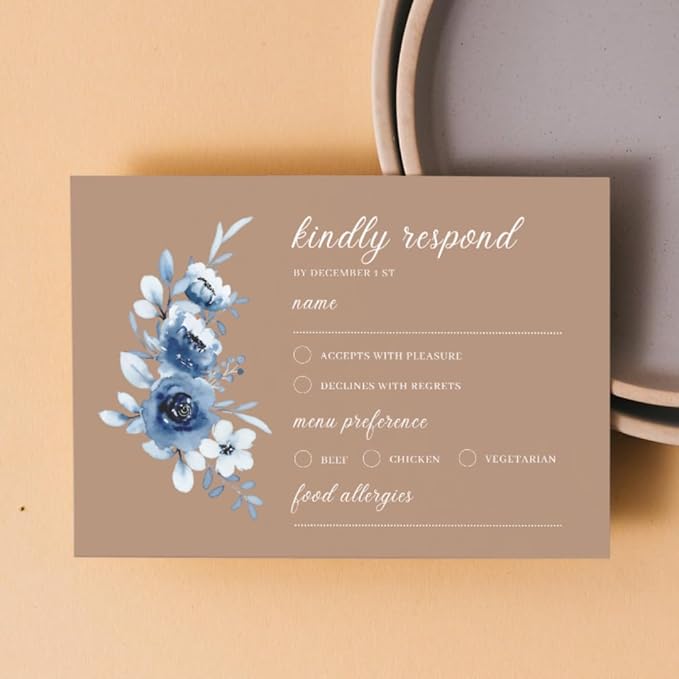 crafty-bell Glossy Finish Personalized Wedding RSVP Response Cards with White Envelopes, Blue Floral Design, 15 Count Respond Cards in Glossy Finish (Brown)