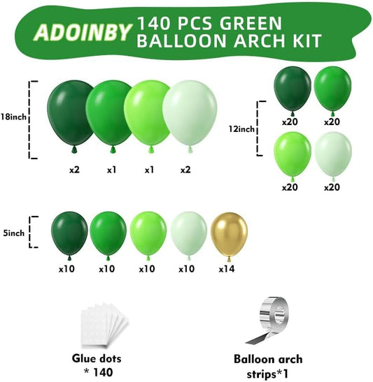 Green Balloon Arch Kit, ADOINBY 140Pcs Emerald Dark Lime Pastel Green and Gold Balloons 18 12 10 5 Inch Different Size Balloons for Birthday Wedding Safari Jungle Baby Shower Boys Party Decorations