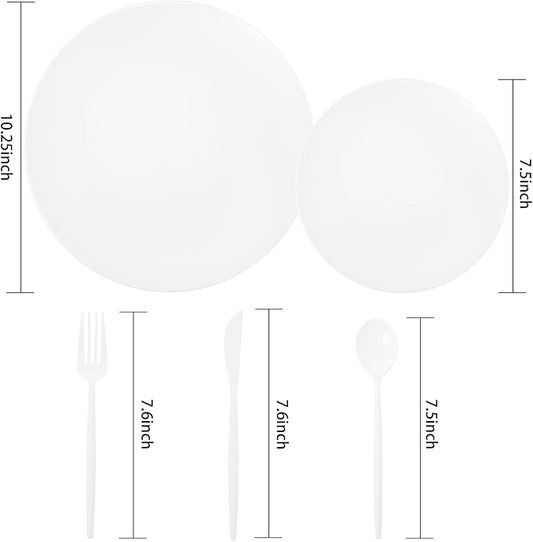 EI 150pcs White Plastic Plates Disposable,White Plate for Party,Disposable Frosted Plate with White Plastic Silverware,Heavy Duty Dinnerware set serves for 30,Perfect for Birthday Wedding Tea Party.