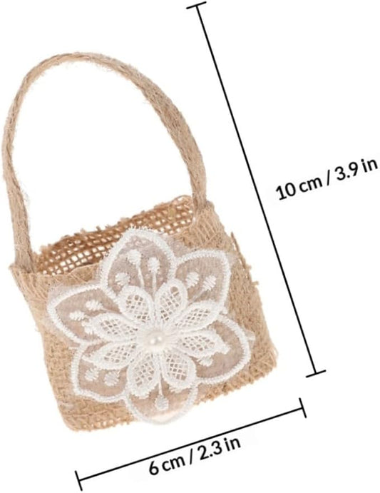 BESPORTBLE Mini Burlap Flower Girl Basket with 6pcs Linen Candy Bags Rustic Wedding Floral Party Favor Basket for Ceremony and Event Decoration