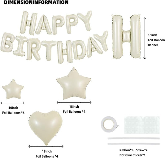 TONIFUL 31PCS Cream White Happy Birthday Decorations 16 Inch Happy Birthday Balloon Banner with Star Heart Balloons Mylar Foil Birthday Party Decorations Supplies for Men Women Adults Girls Boys Kids