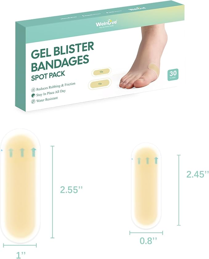 Gel Blister Hydrocolloid Bandages - Welnove 30ct Blister Cushions (Spot Pack) - Blister Bandages for Heel, Toe & Foot - Blister Pads for Prevention & Recovery - Water Resistant
