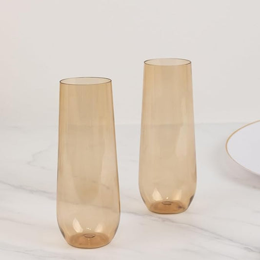 Efavormart 12 Pack Amber Gold Plastic Champagne Flutes Reusable Stemless Glasses For Champagne 9oz
