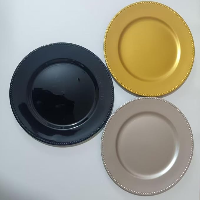 6/50/100 Pcs Elegant Plastic Beaded Charger Plates - Round Gold Silver Black Wedding Party Dinner Decorative Plate Set, Durable for Halloween Christmas Birthday Decor