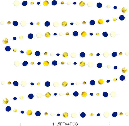 46 Ft Navy Blue and Gold Circle Dots Garland Royal Blue Hanging Paper Polka Dot Streamer for Birthday Wedding Bridal Baby Shower Graduations Nautical Ahoy Achor Pirate Theme Party Decorations Supplies
