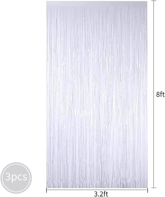 3Pcs White Metallic Tinsel Foil Fringe Curtains,3.2ft*8ft Gold Photo Booth Backdrop Streamer,Photo Booth Props,for Party Door Wall Curtains Bachelorette Birthday, Christmas,New Year Decorations