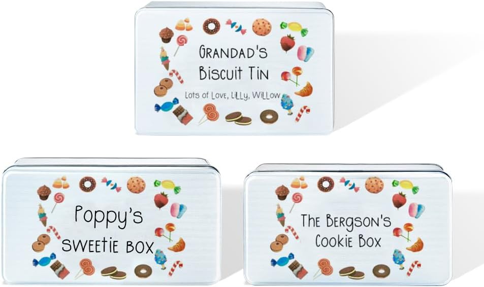 Personalized Cute Cookie Jar Tin with Lid, Custom Metal Candy Biscuit Snack Chocolate Storage Box for Kids Family, Christmas Holiday Party Supplies (S, M, L)