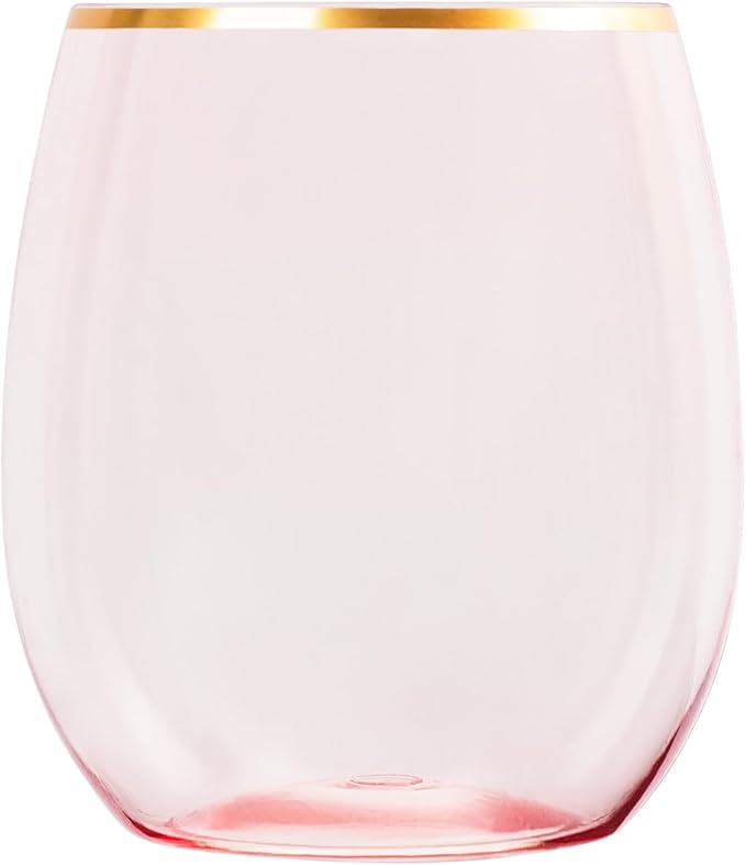 PLASTICPRO 12 Pack Pink With Gold Rim Plastic Wine Glasses Stemless Disposable 12 oz BPA Free Shatterproof Plastic Wine Cups Wine Glasses for Parties