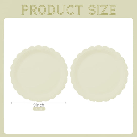 BEFORYOU 50PCS Scalloped Disposable Paper Plates 9IN Dessert Cake Party Plates for Baby Shower, Wedding,Bridal Shower Birthday Party Supplies (Milky-White, 9IN)