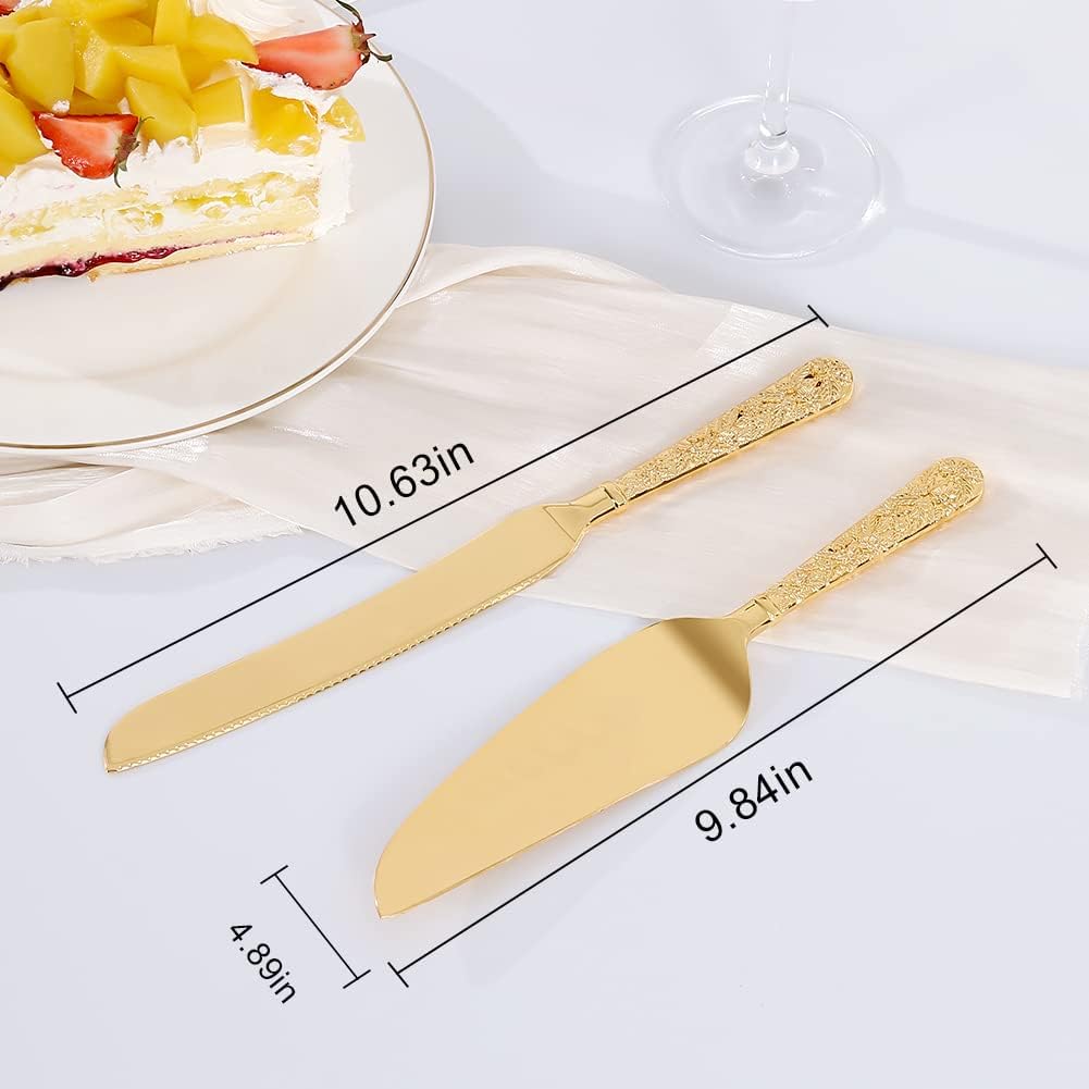 Cake Knife and Server Set for Wedding, Gold Cake Cutting Set, Elegant Cake Knives Cutter Set, Pie Pastry Servers, Birthday Bridal Quinceañera Gift (F-Flower)