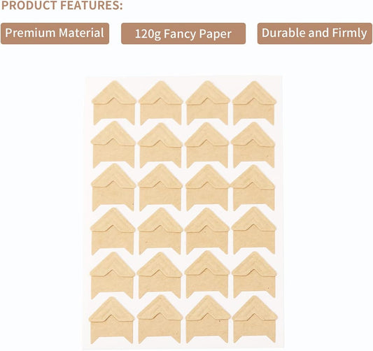 GOONAVI 15 Sheets 360 Pcs Cowhide Acid-Free Photo Corners Mounting Self Adhesive for DIY Photo Album Journal