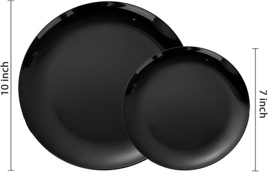 PULOTE 200PCS Black Plastic Plates - Heavy Duty Black Disposable Include 100 Each (10 inch Dinner & 7 inch Dessert) Plates, Disposable for Party, Birthday & New Year