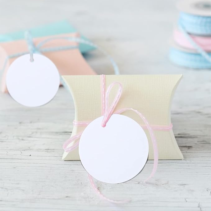 G2PLUS 100PCS White Gift Tags with String,2.2'' Round Paper Tag Blank Hang Tag Circle Tags with Holes for Craft Projects, Xmas Gift, DIY Wedding Favor Bag