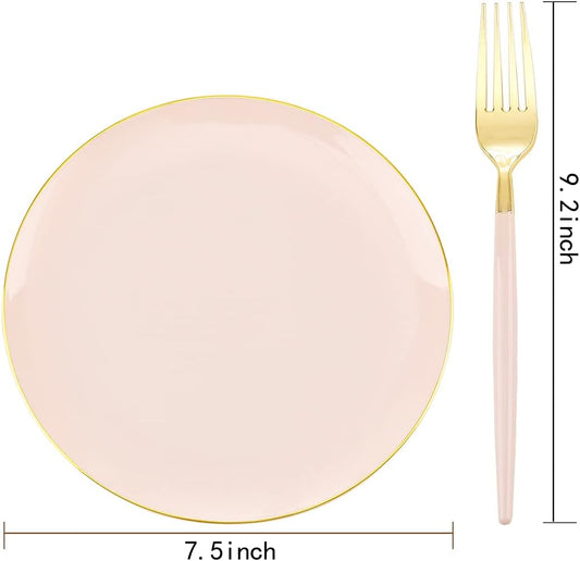 LIYH 96 Pcs Pink and Gold Disposable Plastic Dessert Plates and Forks Set - 7.5" Plastic Appetizer Plates & 9" Gold Cake Forks for Tea Parties, Birthdays, Baby Shower 48 Guests