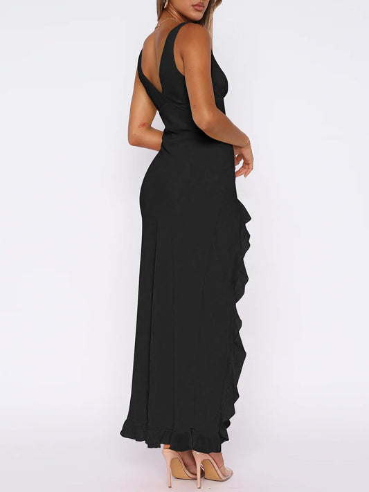 Women Sexy V Neck Sleeveless Mesh Ruffle Hem Bodycon Maxi Casual Backless High Slit Cocktail Party Dress