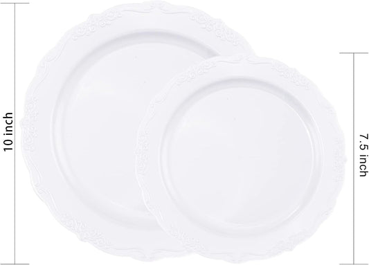 U-QE 100 Pieces White Plastic Plates - White Disposable Plates - Premium Hard Plastic Disposable Plates for Wedding and Party Use Including 50 Dinner Plates 10 '' & 50 Dessert Plates 7.5 ''