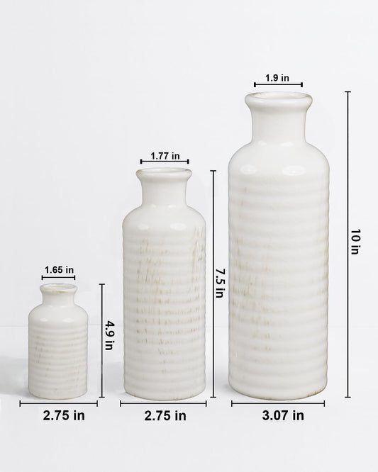 White Ceramic Vase Set of 3 – Ribbed Texture Crackle Glaze Bottle Vases for Rustic Farmhouse Table Centerpiece, Shelf & Mantel Decor