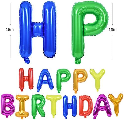 TONIFUL 7 Color Rainbow Happy Birthday Balloons Banner, 16 Inches Colorful Mylar Foil Letter Sign Balloons Banner Bunting for Girls Boys Kids & Adults Birthday Decorations