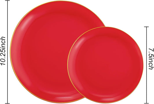 PULOTE 100PCS Red Plastic Plates Disposable Heavy Duty - Include 50 Dinner / 50 Dessert Plates for Party & Christmas