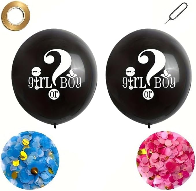 2pcs 36 inch Gender Reveal Balloon Pop Kit with Blue and Pink Confetti Poppers, Big Black Balloons for Baby Shower