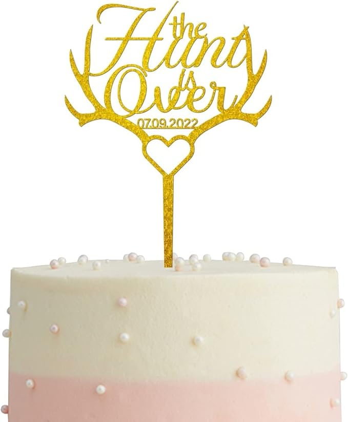 The Hunt is Over Wedding Cake Topper Acrylic Gold,Personalized Mr & Mrs Wedding Cake Topper,Bride & Groom Cake Topper for Wedding Anniversary Engagement Party Supplies