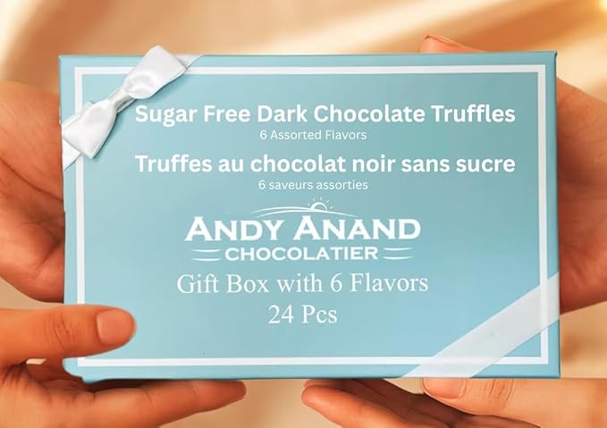 Andy Anand Chocolatier Sugar Free Belgian Chocolate Truffles with 6 Assorted Flavors, Espresso, Hazelnut, Strawberry, Coconut, Cherry, & Orange, Gluten Free Chocolate Gift Box (24 Pcs)