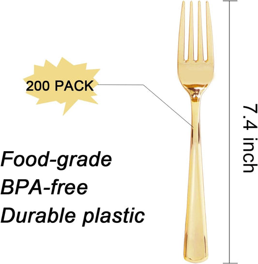Liacere 200pcs Gold Plastic Forks - Heavyweight - 7.4 Inch Heavy Duty Forks - Gold Plastic Silverware Perfect For Parties & Weddings & Restaurants & New Year And Daily Using&Fall Decor