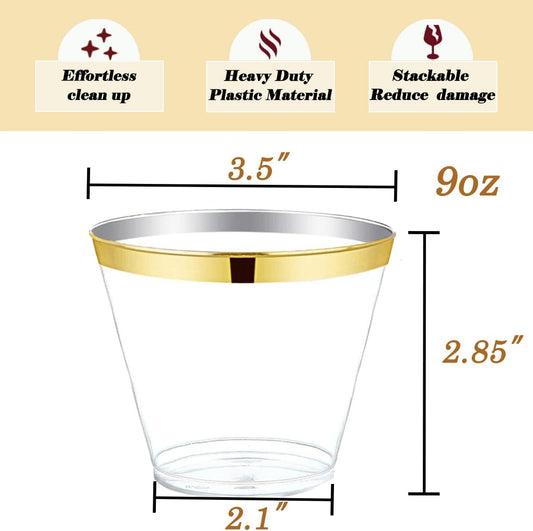 WDF 200 Pack Gold Plastic Cups - 9 Oz Elegant Clear Plastic Cups Gold Rimmed - Fancy Disposable Party Cup Wedding Cup Drinking Tumblers Cocktail Glasses for Thanksgiving